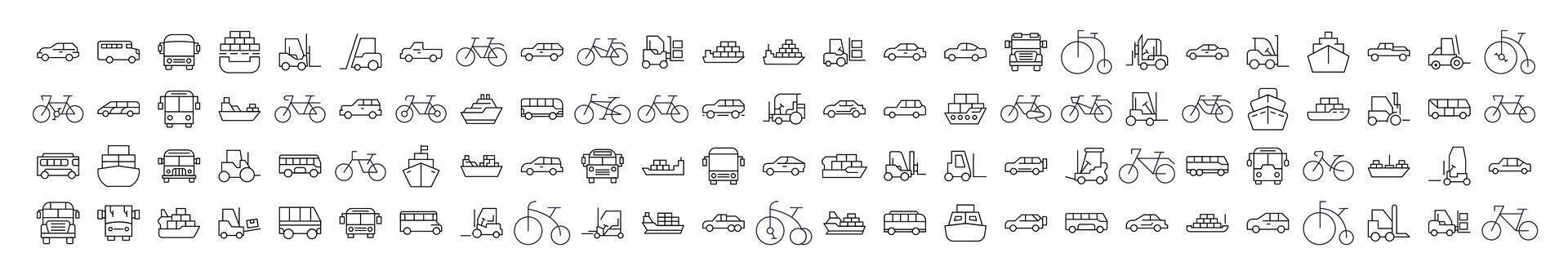Bus, Ship, Tractor, Bicycle, Car Thin Icons Collection. Editable Stroke. Perfect for Web Sites, Books, Cards, Apps vector