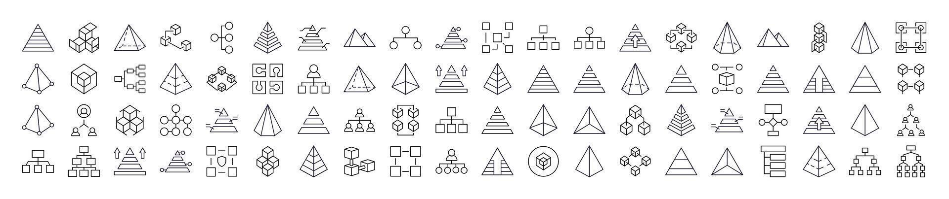 Set of Pyramid, Hierarchy, Cubes Related Line Icons. Outline Signs for Graphic and Web Design, Apps, Adverts, Various Cards vector