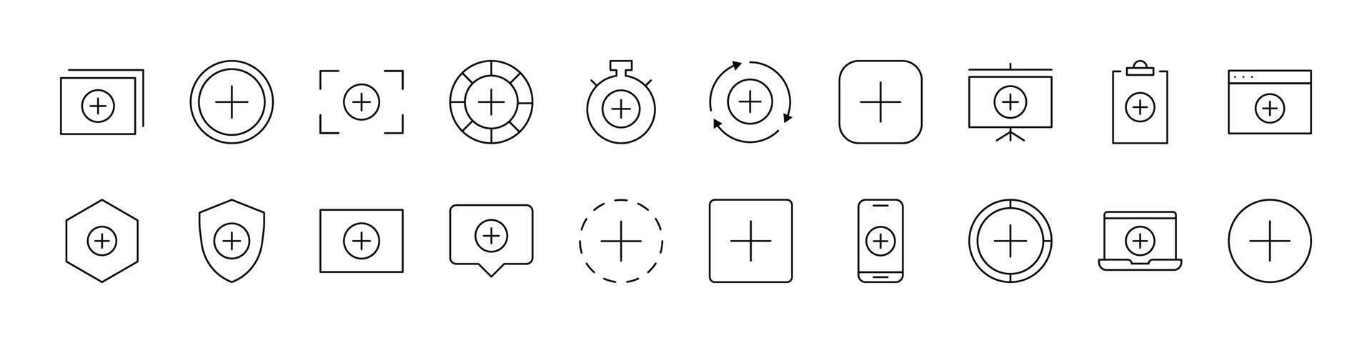 Plus Sign Line Icon Pack. Outline Signs for Graphic and Web Design, Apps, Adverts, Various Cards vector