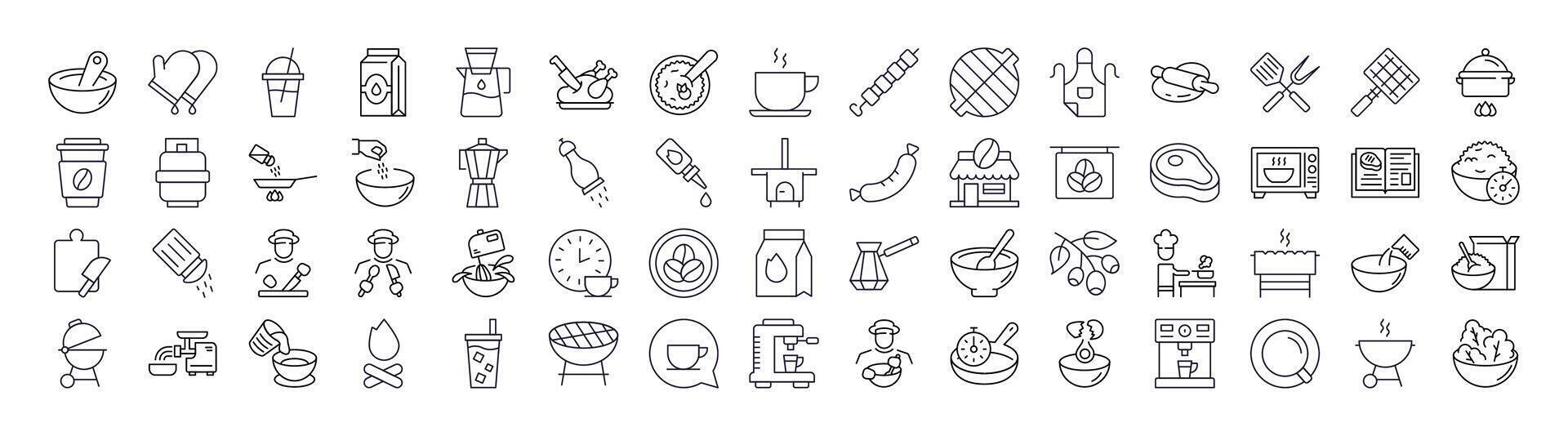 Bundle of Kitchen, Food, Barbeque Related Line Icons. Outline Signs for Graphic and Web Design, Apps, Adverts, Various Cards vector