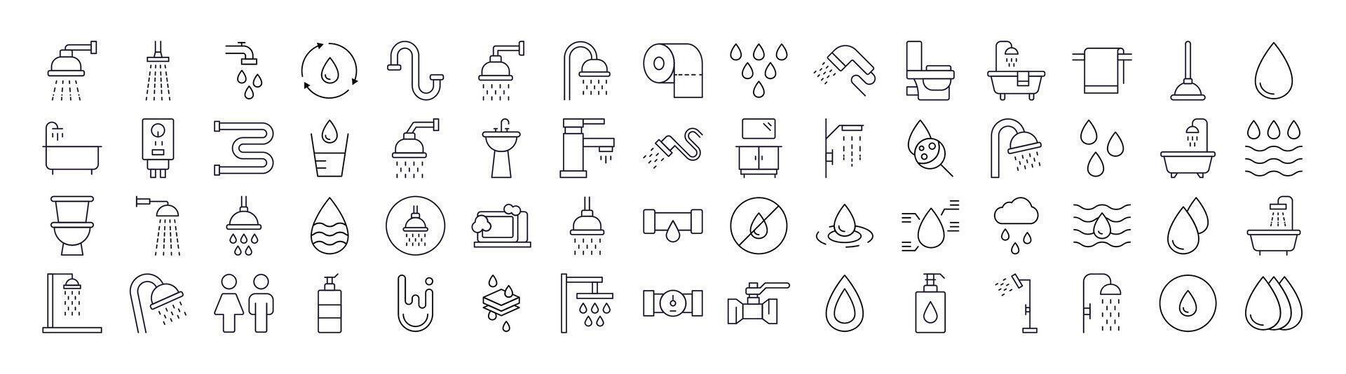 Water, Bathroom and Shower Collection of Thin Icons. Editable Stroke. Perfect for Web Sites, Books, Cards, Apps vector