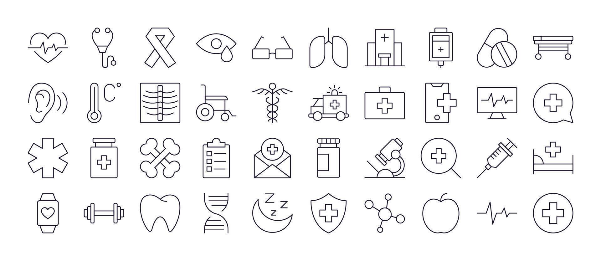 Set of Line Icons of Medical Cross, Heart, Bones, Health Care. Minimalistic Linear Pictogram for Web and Graphic Design, Apps, Banners, Social Network and Cards vector