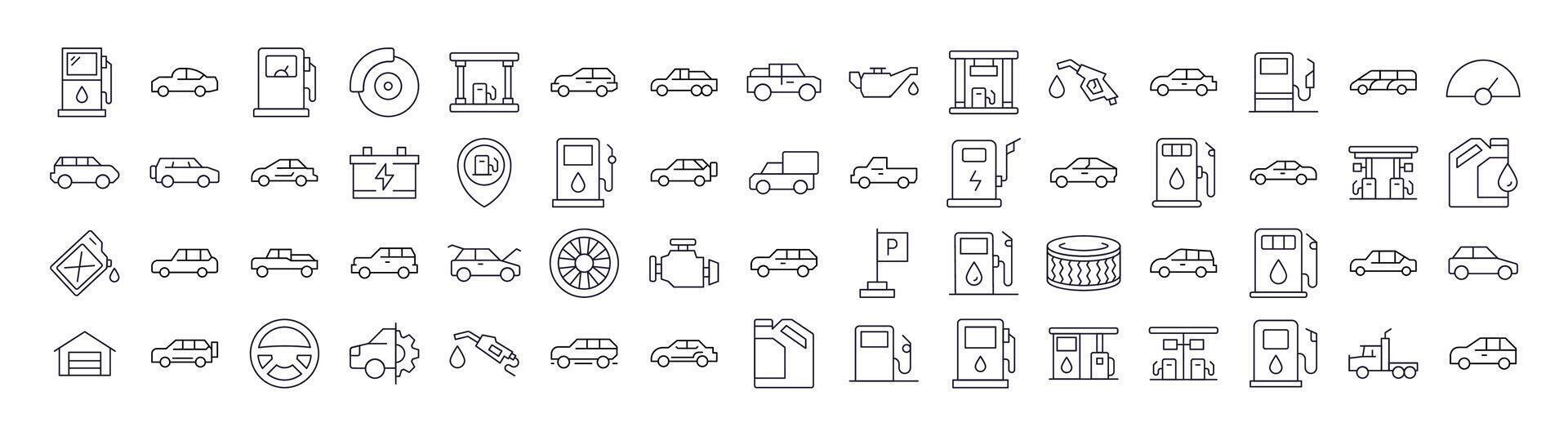 Set of Car, Gas Station, Road Related Line Icons. Outline Signs for Graphic and Web Design, Apps, Adverts, Various Cards vector