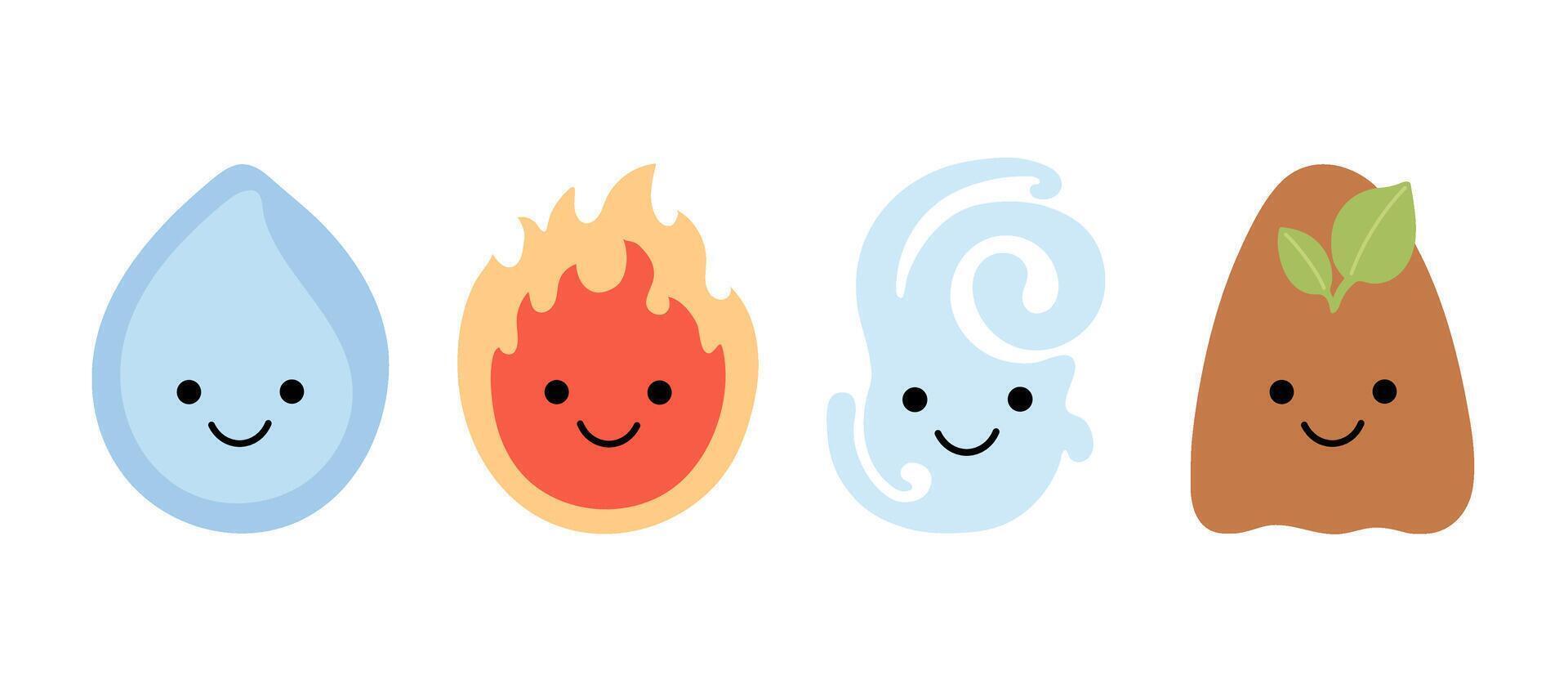 Nature elements water, fire, air and soil, cute emoji character. Drop, flame, wind and ground with face. Happy childish creature in environment. Flat kawaii illustration vector