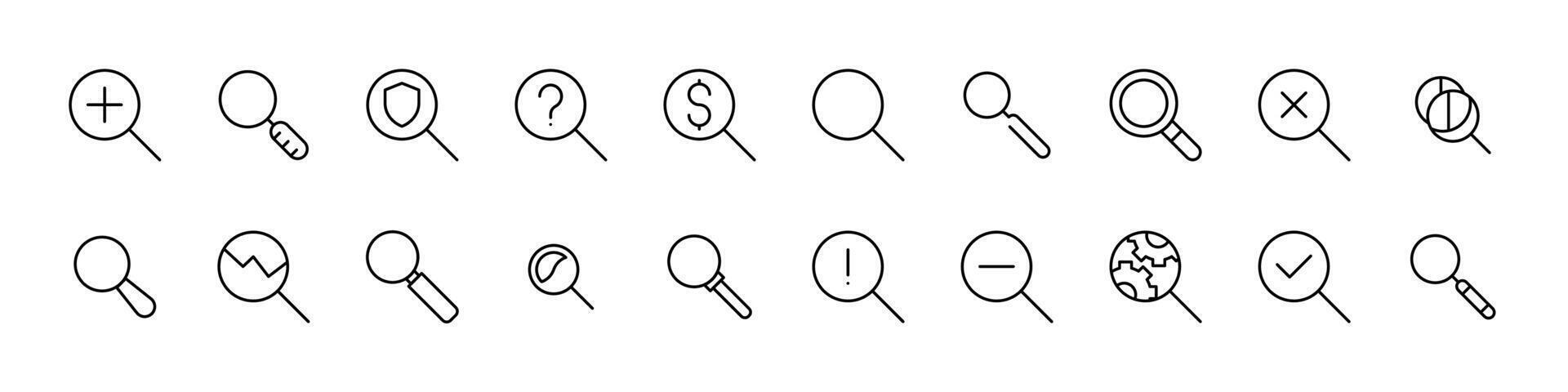 Magnifying Glass Line Icon Pack. Minimalistic Linear Pictogram for Web and Graphic Design, Apps, Banners, Social Network and Cards vector