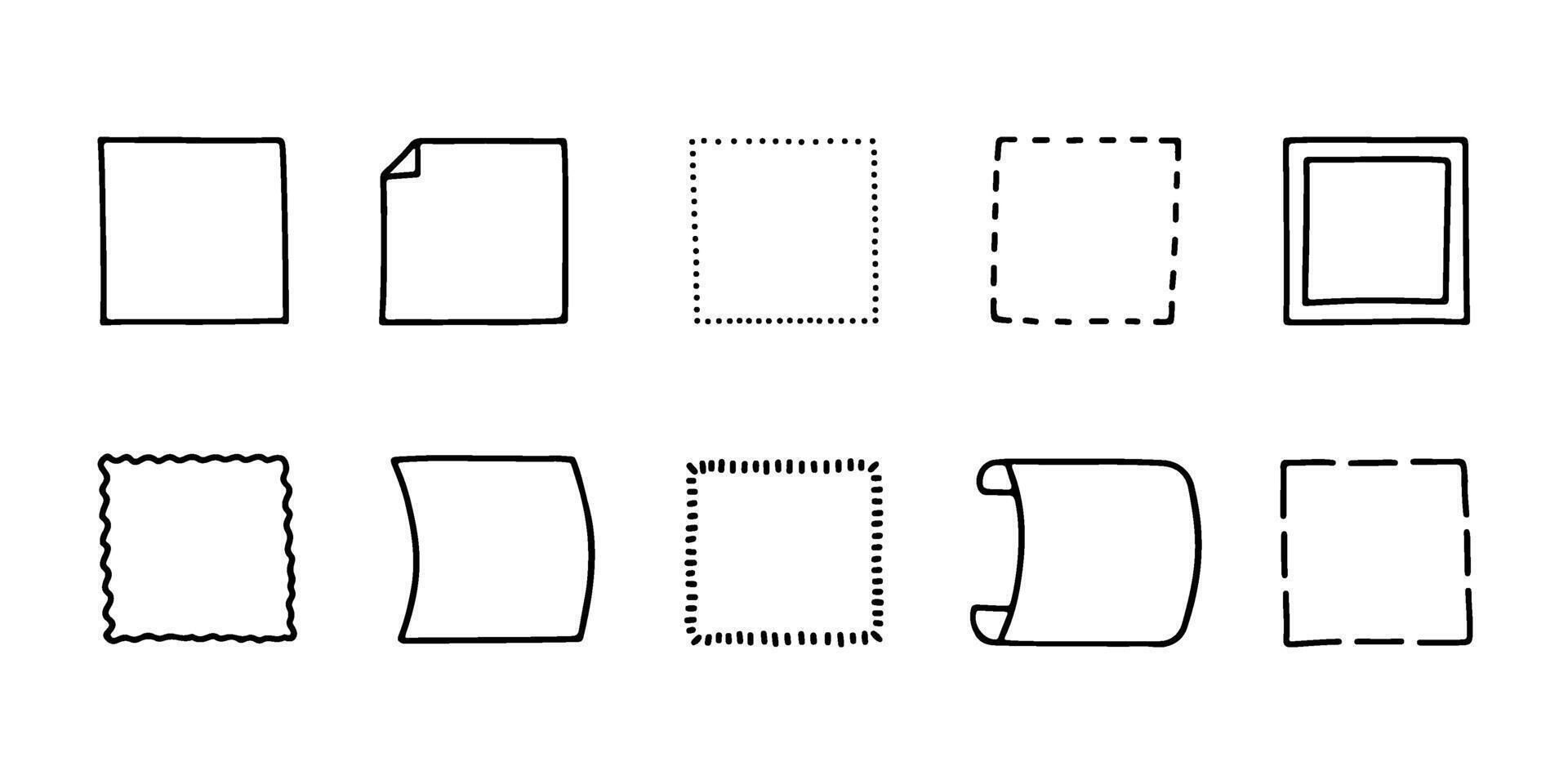 Square frames for note text, hand drawn doodle line set. Scribble quadratic shape. Highlight and underline text box decorative. Drawn black line sketch border. isolated illustration vector