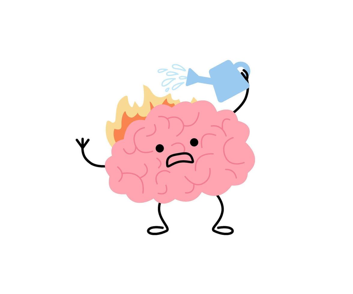 Brain with fire, selfhelp extinguish fire with water using watering can, cute character. Intense brain activity from overwork, tension, multitasking. Salvation and care. illustration vector