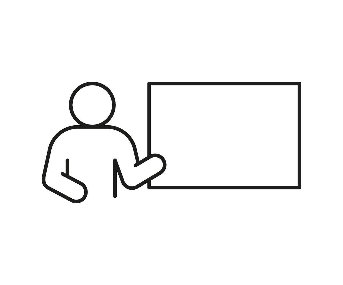 Speaker leads lesson training at blackboard. Teacher, orator speech information with presentation. Line illustration vector