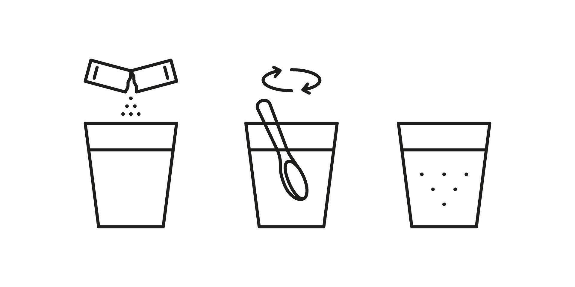 Pour sachet bag with soluble powder into glass of water, line icon. Open paper pack stick with powder and stir. Soluble bag medication or food sugar, salt, coffee. Symbol illustration vector