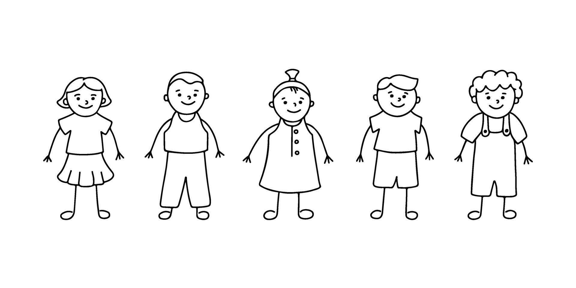 Children character stand in row, doodle hand drawn line set. Group small people, kindergarten, preschool. linear illustration vector