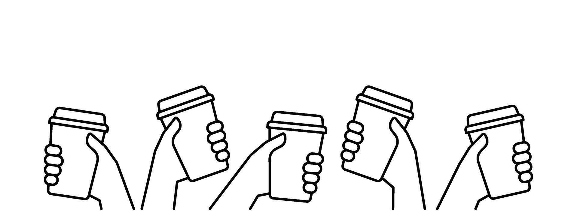 Hands of group people holding coffee in reusable cup, simple line. Together clink on break time. Fast take away drink. Takeaway drink in paper mug, coffee to go. Coffee lover illustration vector