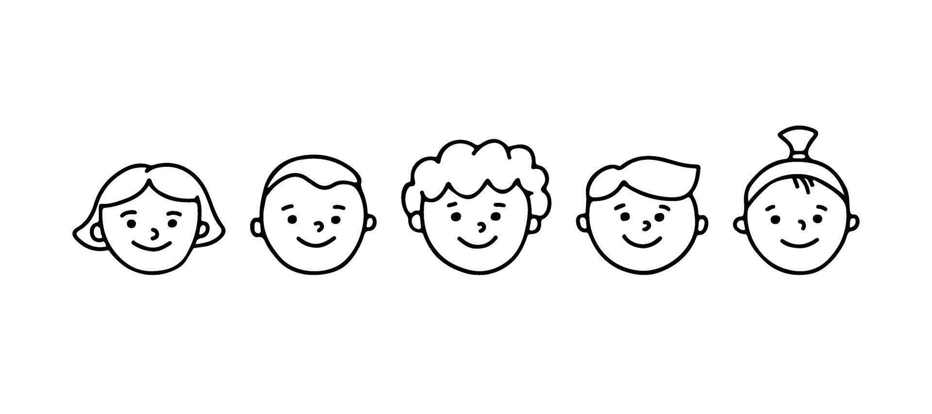 Children head happy smile facial expression, line doodle character set. Hand drawn outline emotion on people face. Happy mood. illustration vector