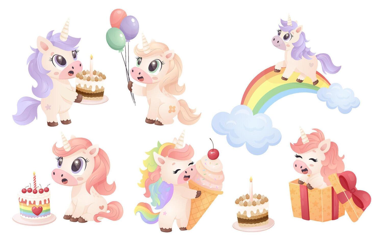 Unicorn Party Collection Cute and Colorful Birthday Set vector