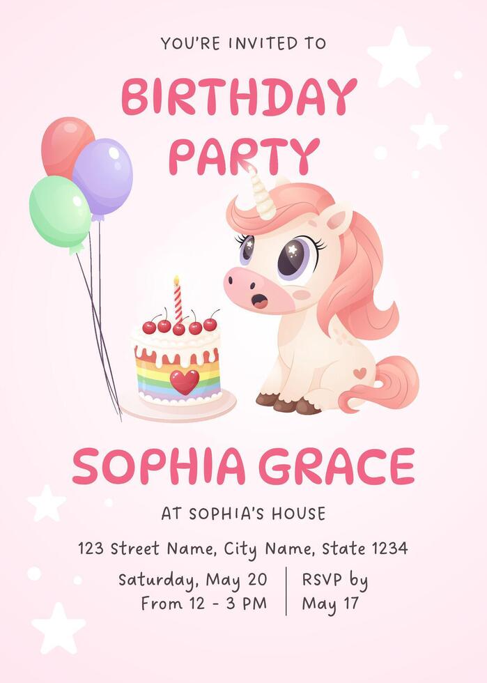 Cute Unicorn Birthday Invitation with Balloons and Cake vector