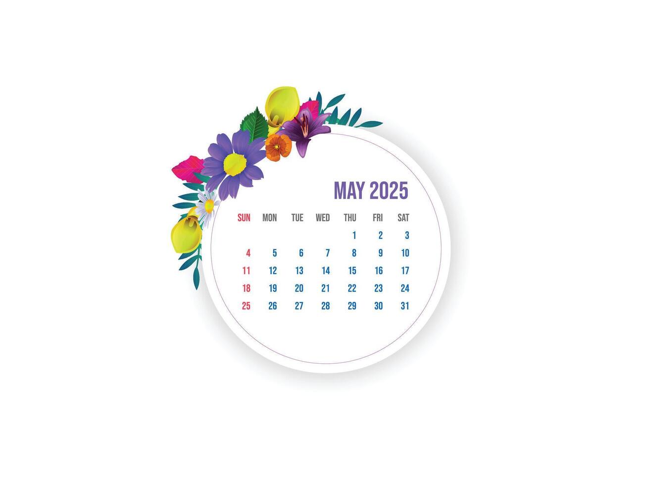 May 2025. Flower monthly calendar template 2025 year in simple style for template design. Week starts from Sunday. vector