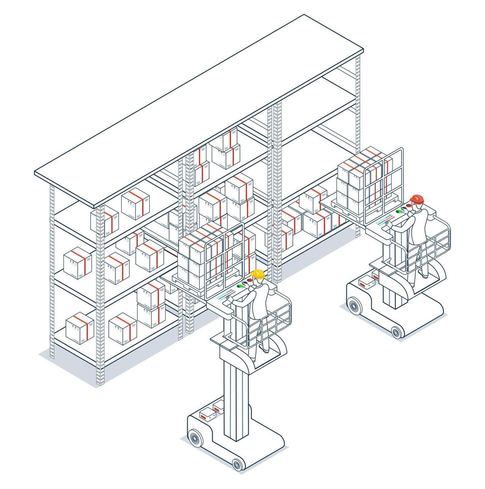 Warehouse worker uses an order picker forklift to load cardboard boxes onto shelves vector