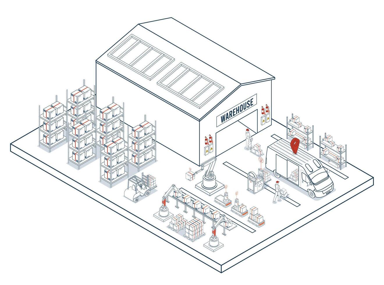 Smart warehouse automation integrates robotic systems and AGVs vector