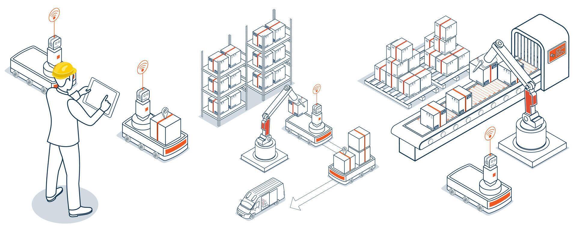 Isometric illustration of a warehouse automation system. A variety of automated guided vehicles AGVs and robotic arms. vector