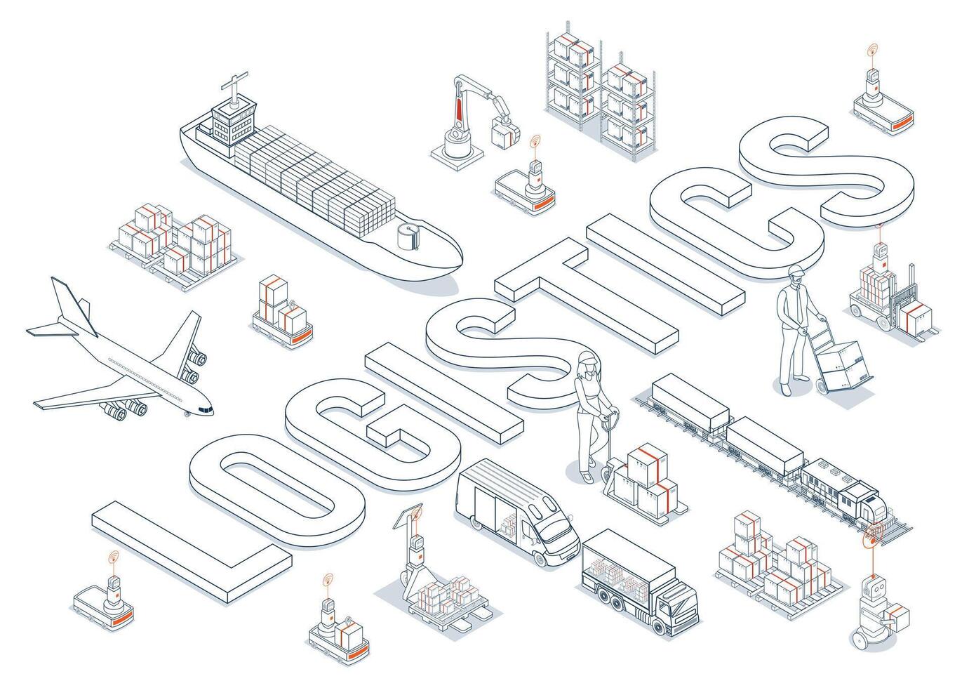 Global logistics network. 3D isometric scenes showing export-import vector