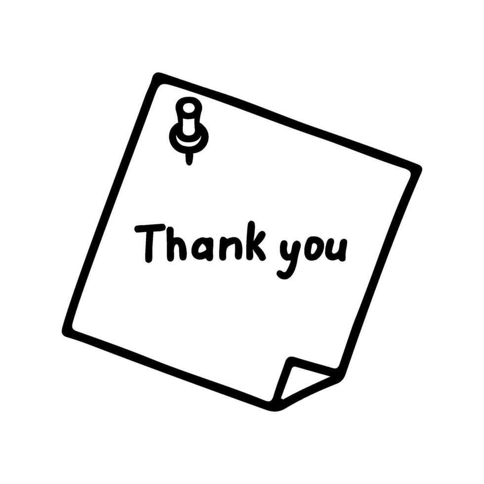 Note paper with thank you message and push pin, line hand drawn doodle. Frame with gratitude text, dialog box. simple line illustration vector