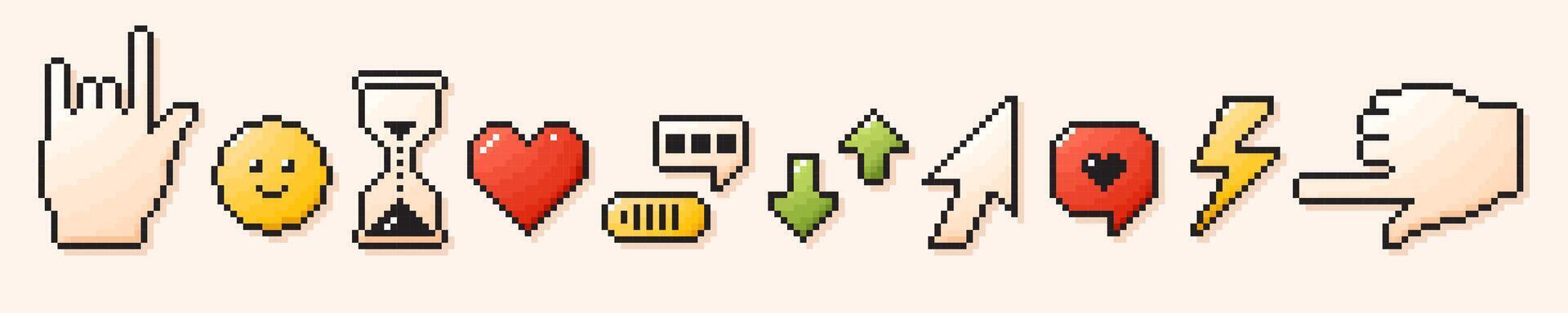 Pixel game art Y2K elements. 8 bit retro style user interface icons. Hourglass smile message cursor arrow. vector