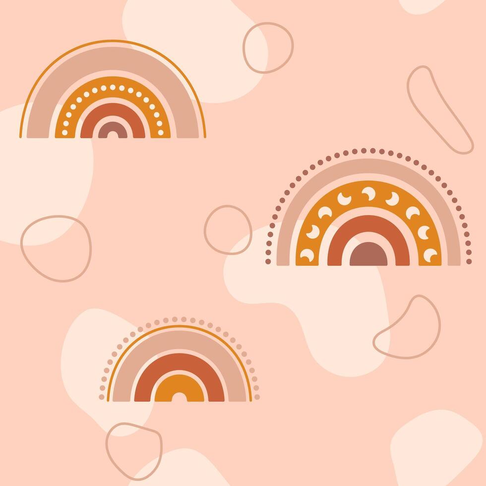 Kid boho seamless pattern with rainbows simple forms and lines spots. vector