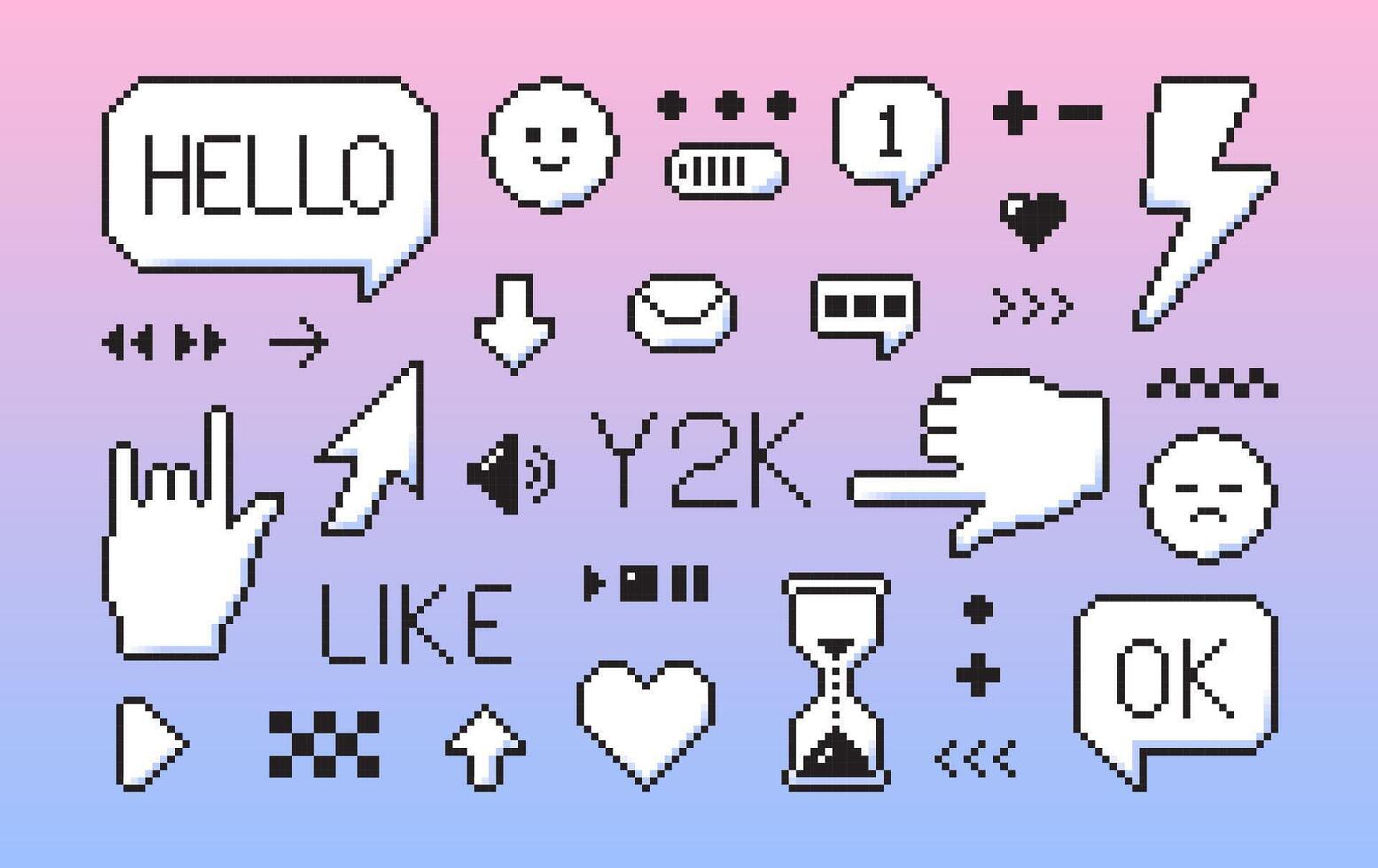 Pixel game art Y2K elements. 8 bit retro style user interface icons. Speech bubble smile message cursor arrow. vector