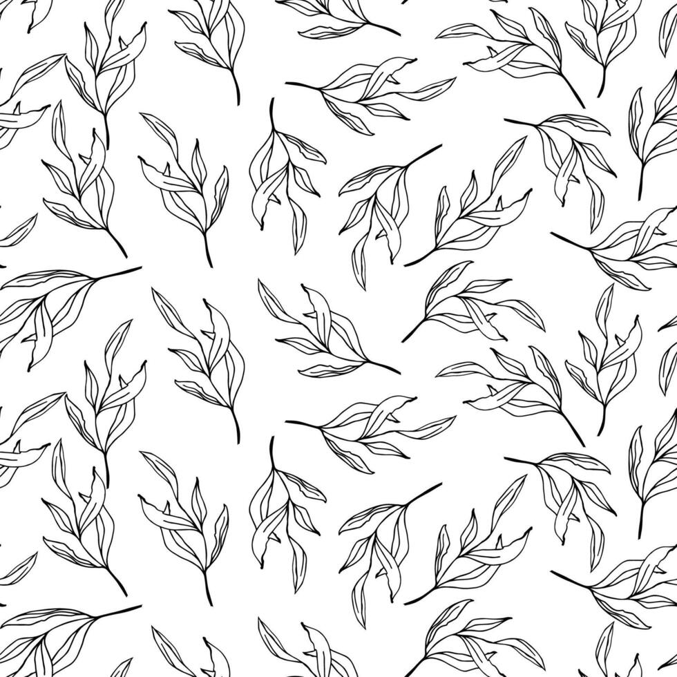 Floral greenery hand drawn seamless pattern with small line art leaves Perfect for background, textile, or wrapping paper A delicate, repeating pattern Minimalist and elegant aesthetic vector