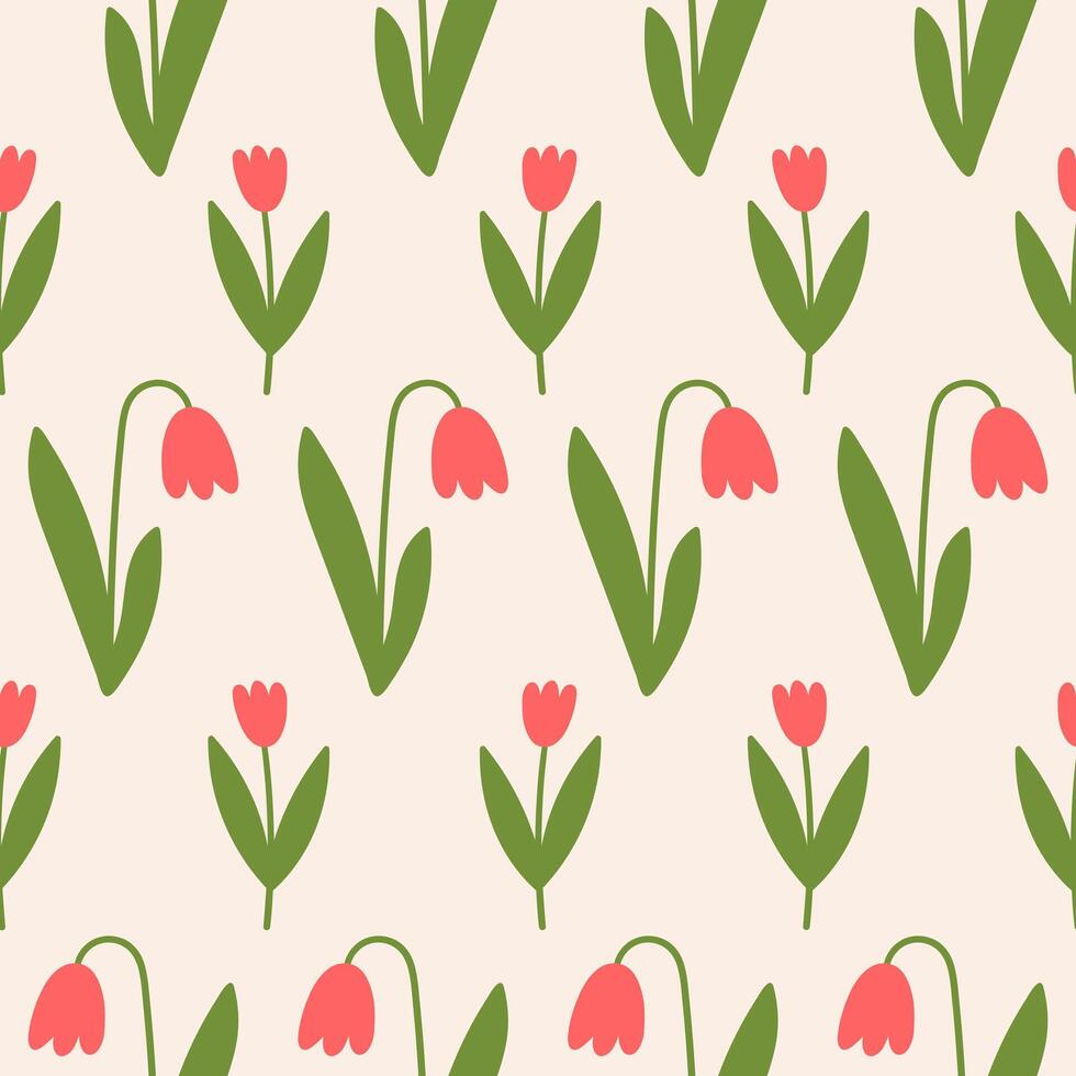 Seamless pattern with random tulip flowers on a beige background. Cute floral minimal print vector