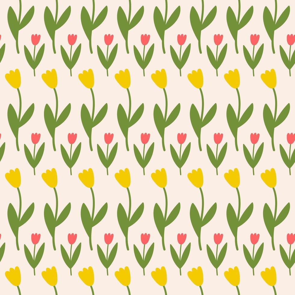 Seamless pattern with vertical tulip flowers on a beige background. Cute floral minimal print. vector