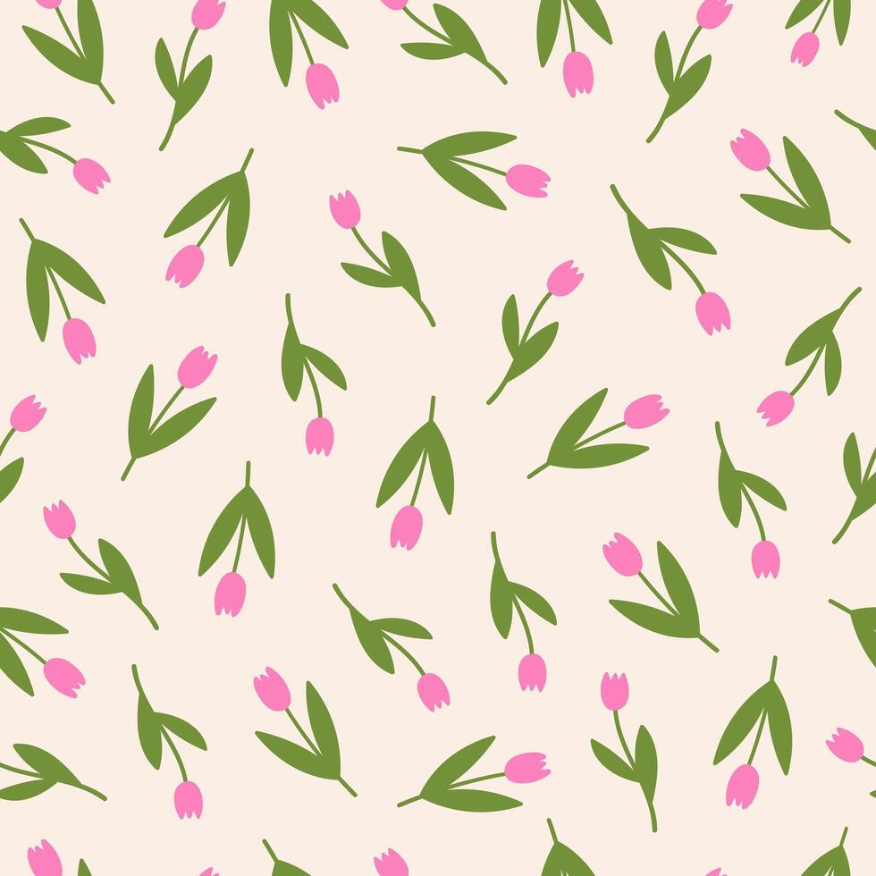 Seamless pattern with random tulip flowers on a beige background.Cute floral minimal print vector