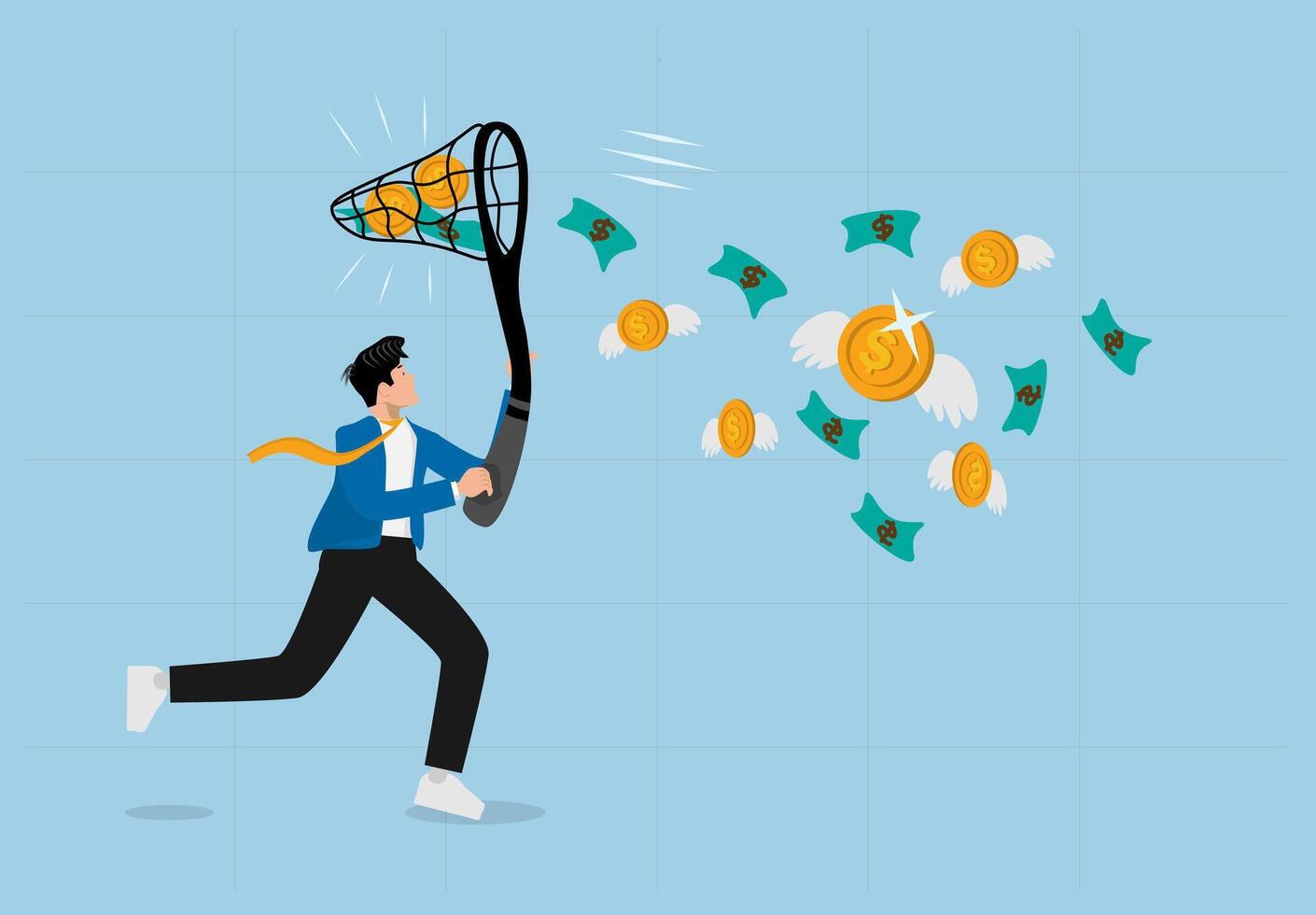 Businessman Chasing Flying Money with a Net. Financial Success, Investment Growth, and Wealth Management Concept Illustration. vector