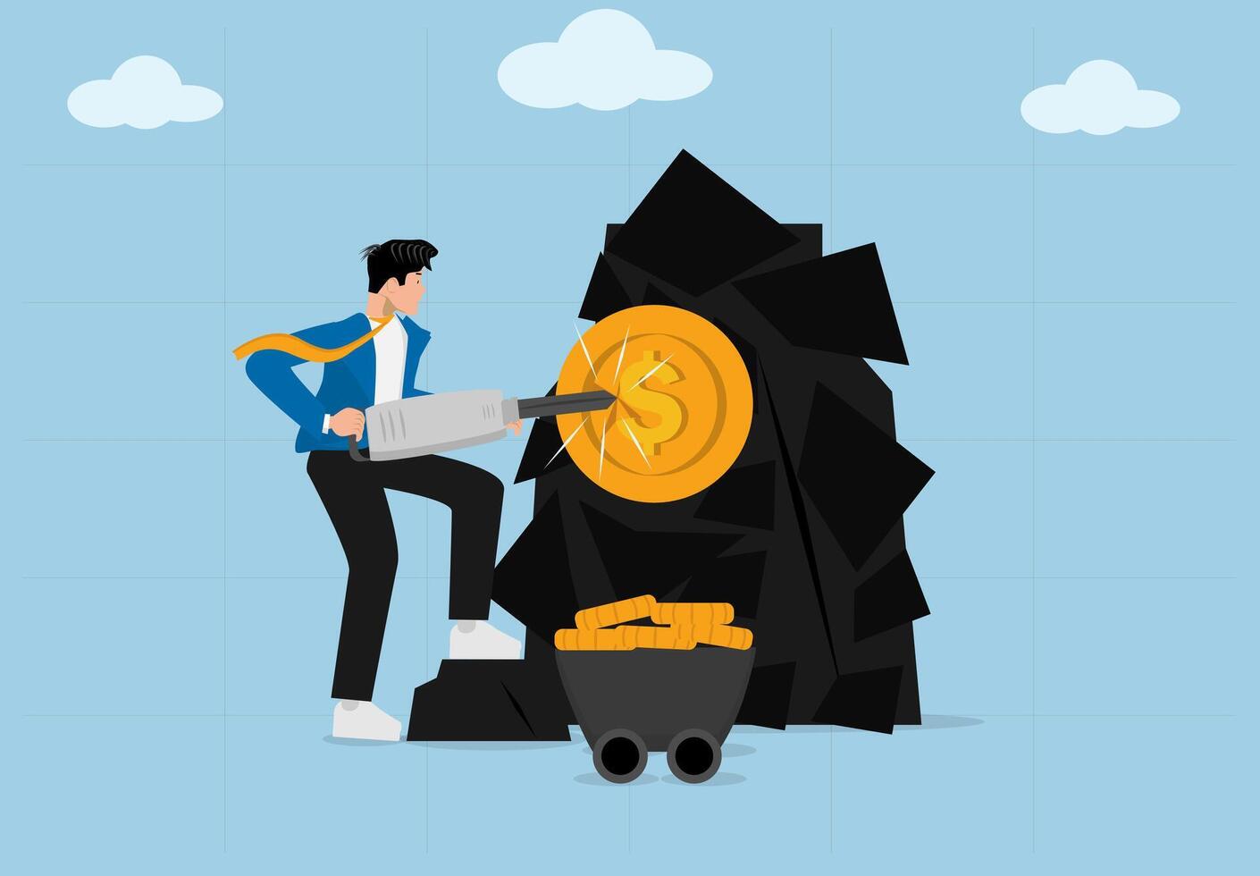 Businessman Mining for Wealth and Financial Success Using Jackhammer to Extract Gold Coins from Black Coal Rocks in Economic Growth Concept Illustration. vector