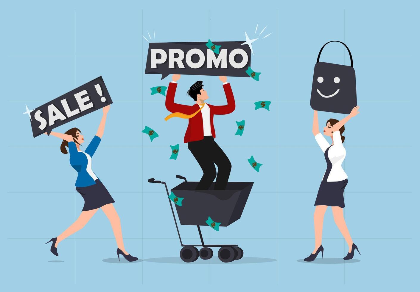 Excited Shoppers Running Towards Big Discounts and Promotions with a Businessman Holding a Promo Sign in an E-commerce Shopping Concept. vector