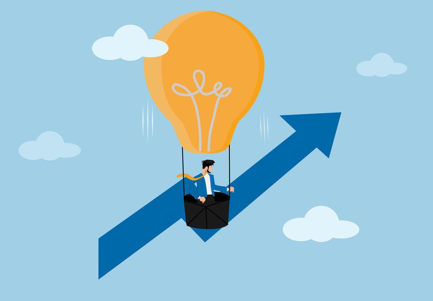 Business Growth and Innovation Concept. Light Bulb Hot Air Balloon Representing Leadership, Strategic Vision, and Overcoming Business Challenges. vector