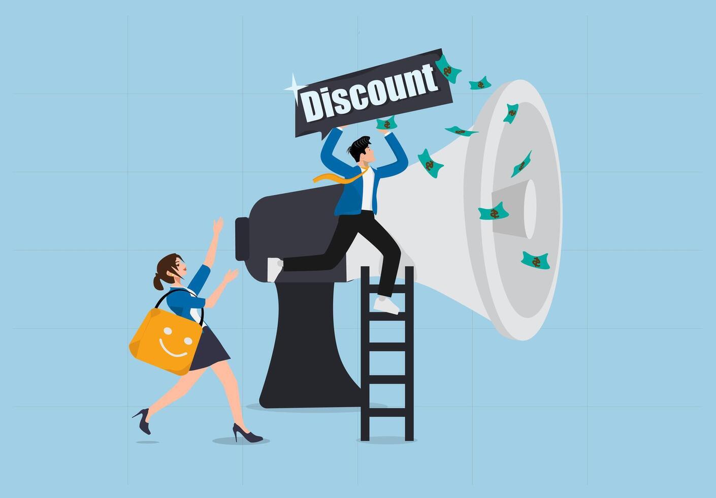 Excited Shoppers Running Towards Big Discounts and Promotions with a Megaphone Announcing Special Offers and Money Flying. vector