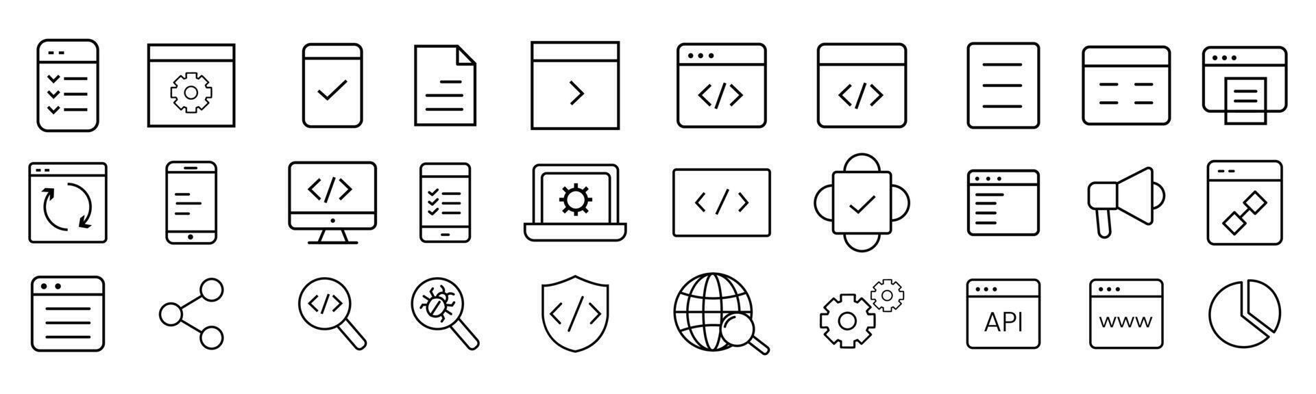 Big collection of web development line icon. technology, software ...