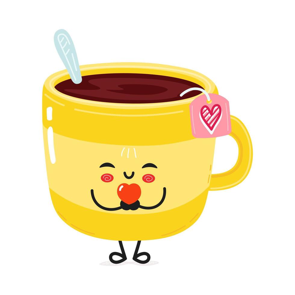 A charming Yellow Mug with a heart nose and loving eyes holds a warm drink with a heart Tea Bag. vector