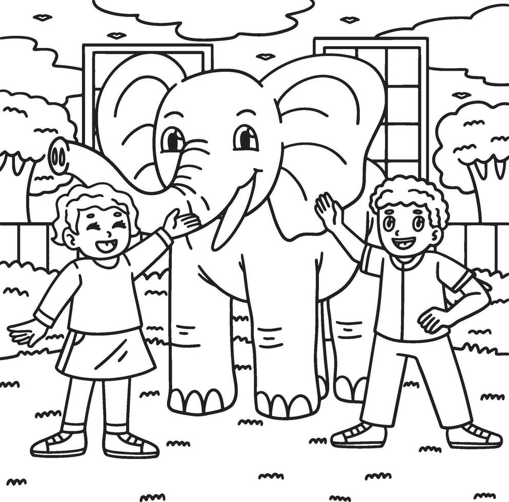 Elephant and Children Coloring Page for Kids vector