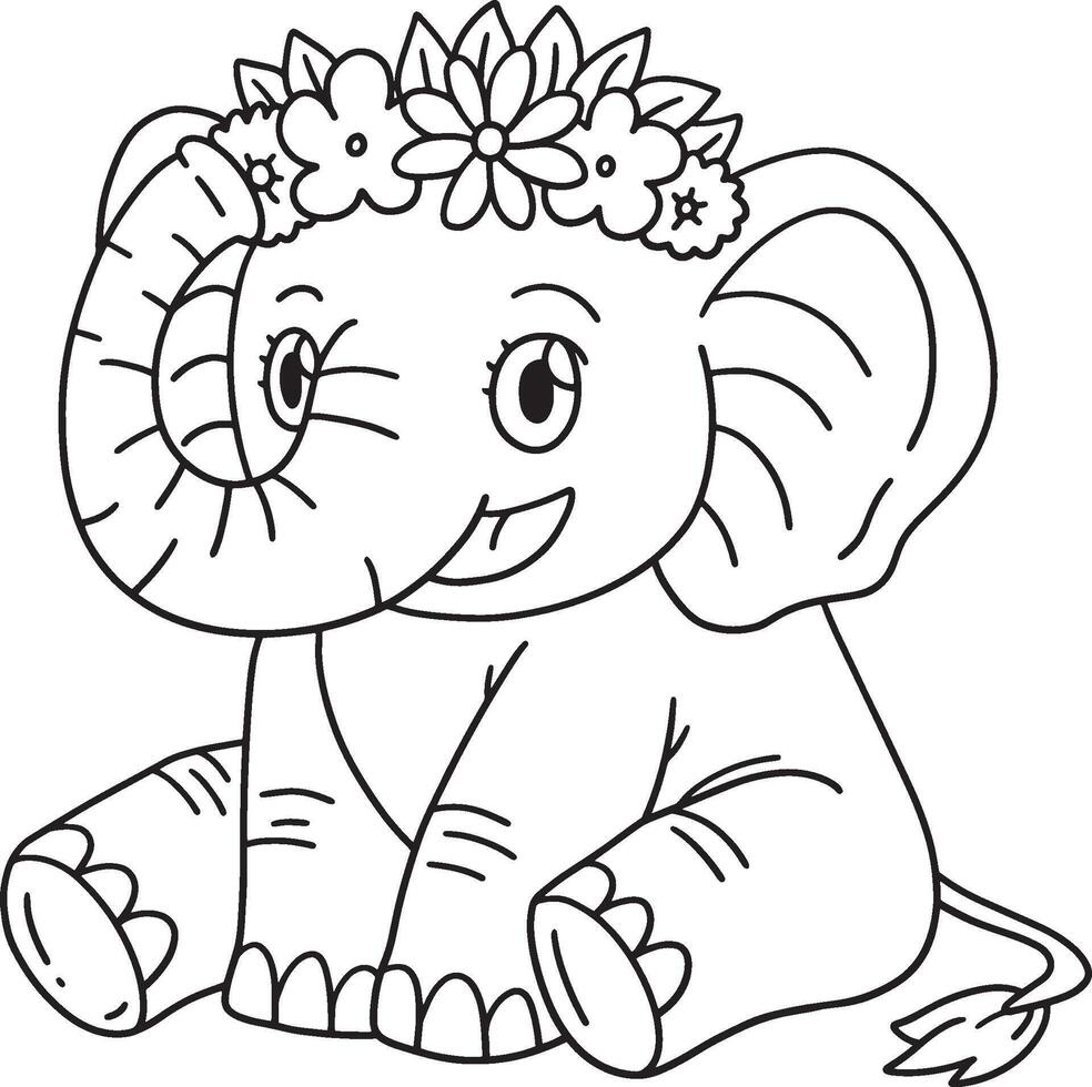 Elephant Wearing a Flower Crown Isolated Coloring vector