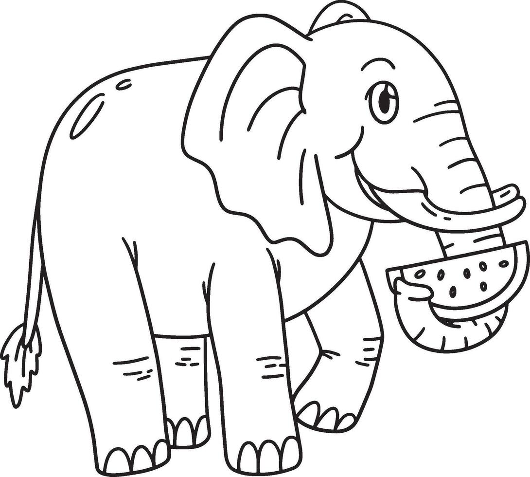 Elephant Eating Watermelon Isolated Coloring Page vector