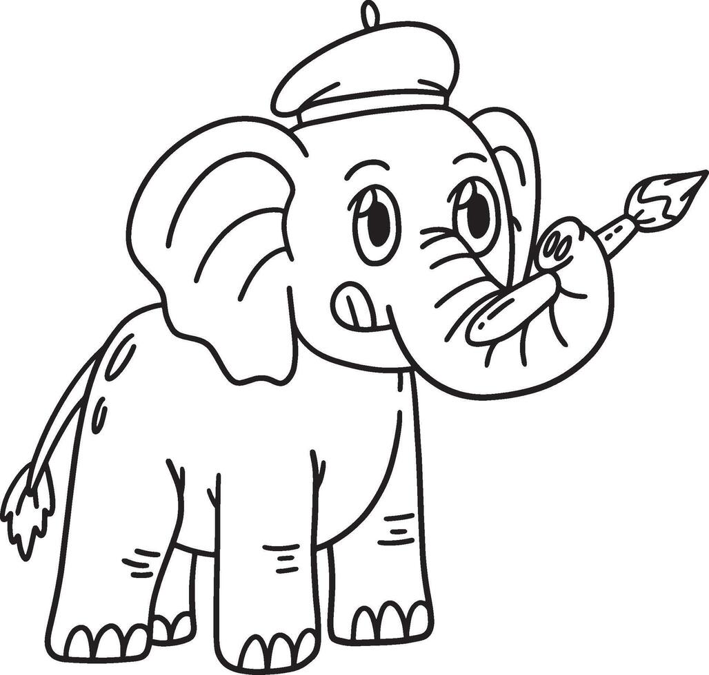 Elephant with a Paintbrush Isolated Coloring Page vector