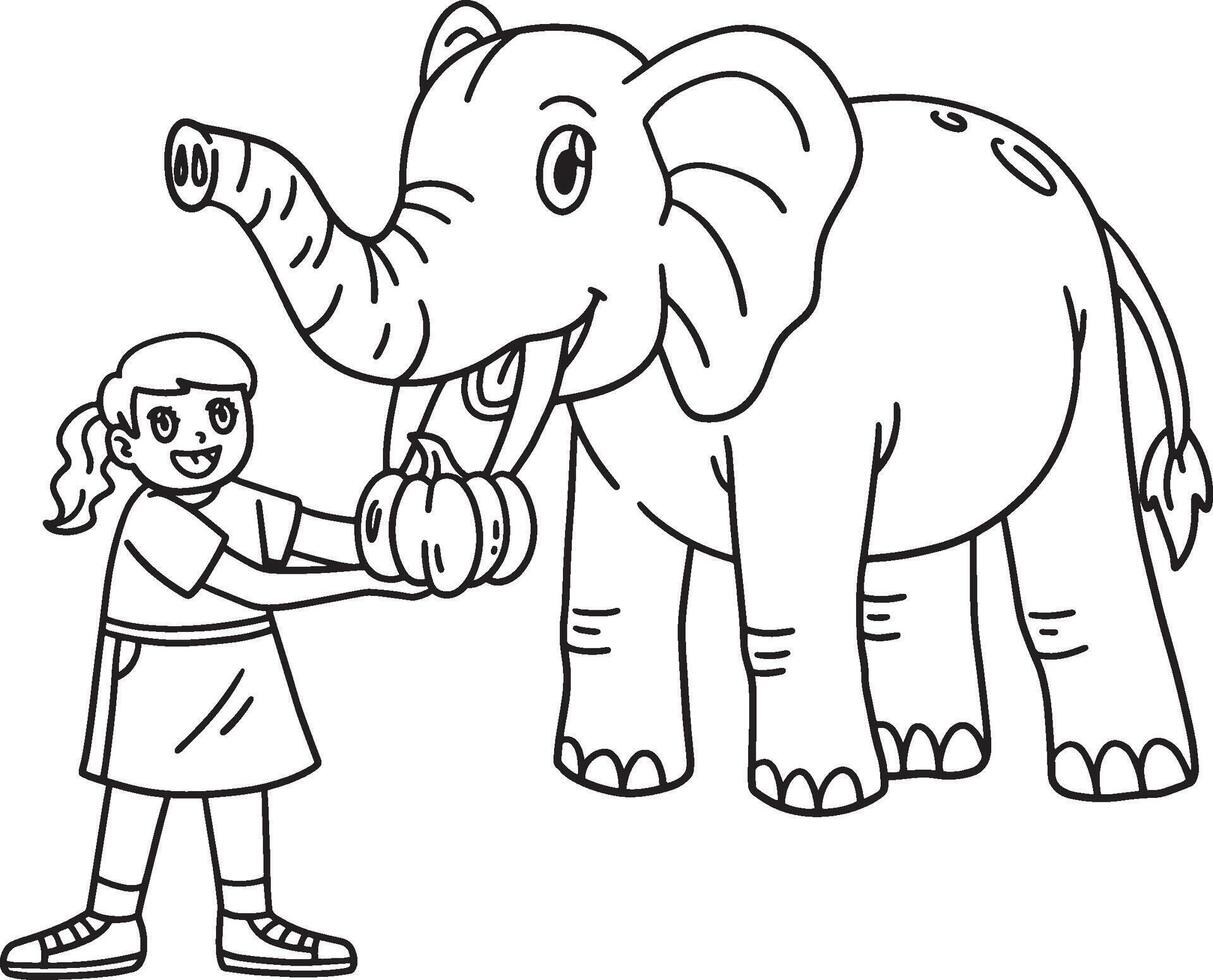 Girl Feeding Elephant Isolated Coloring Page vector