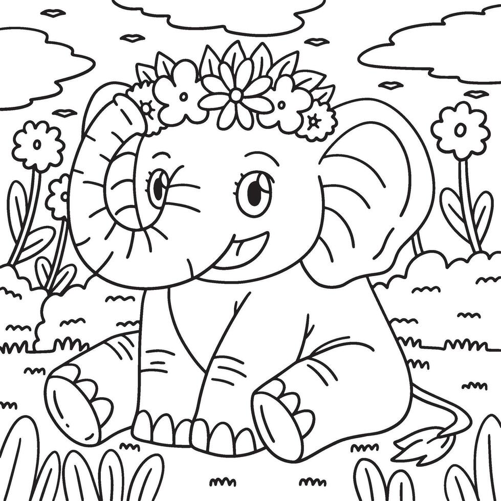 Elephant Wearing Flower Crown Coloring Page vector