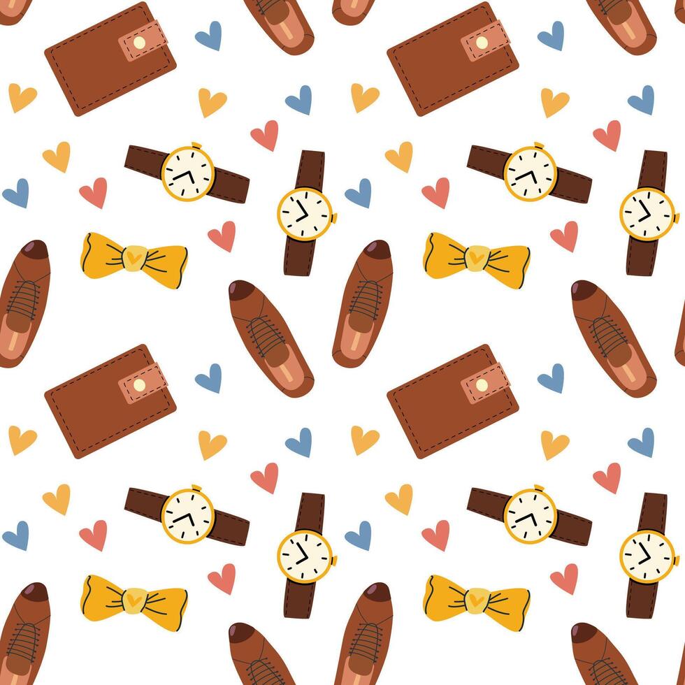 father day gift pattern with watches, wallets, and shoes for greeting card design vector