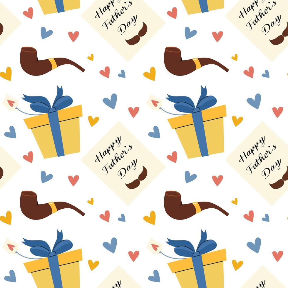Festive father day pattern with pipes, gifts, and hearts for celebration themes vector