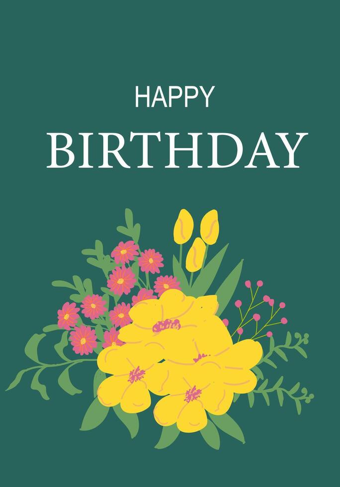 Floral happy birthday card with yellow flowers and green background vector