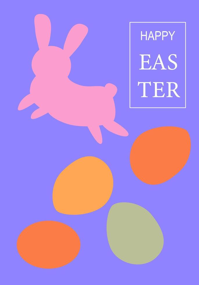 Happy easter card with pink bunny and colorful eggs on purple background vector