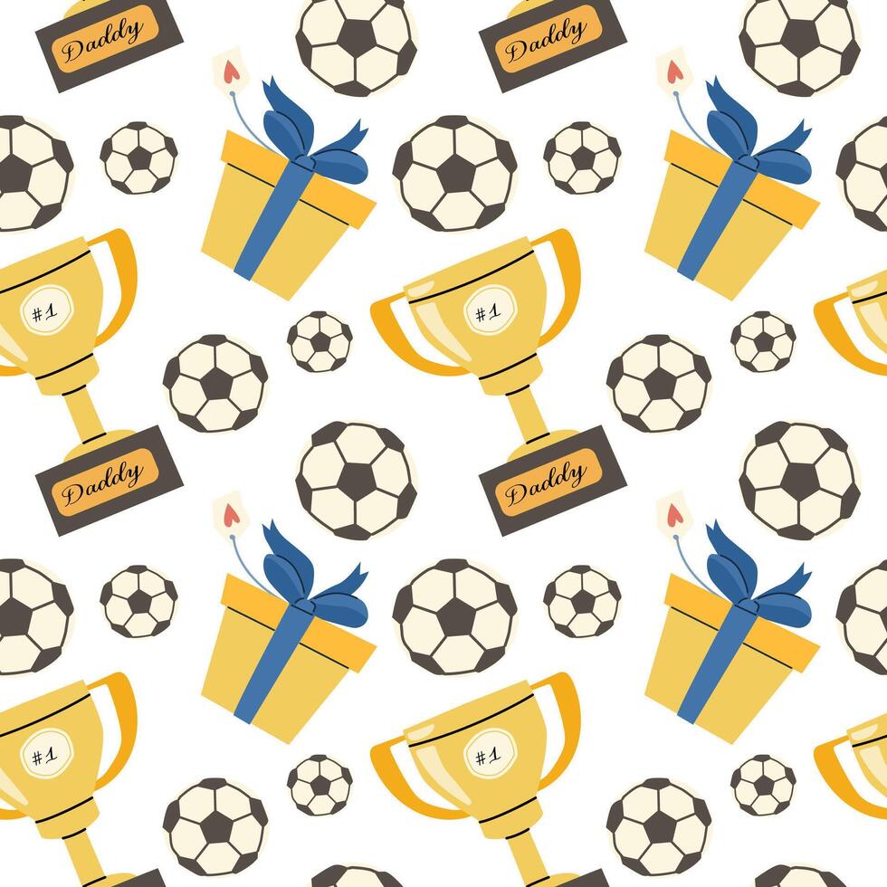 father day celebration pattern with trophy, gift, and soccer theme vector