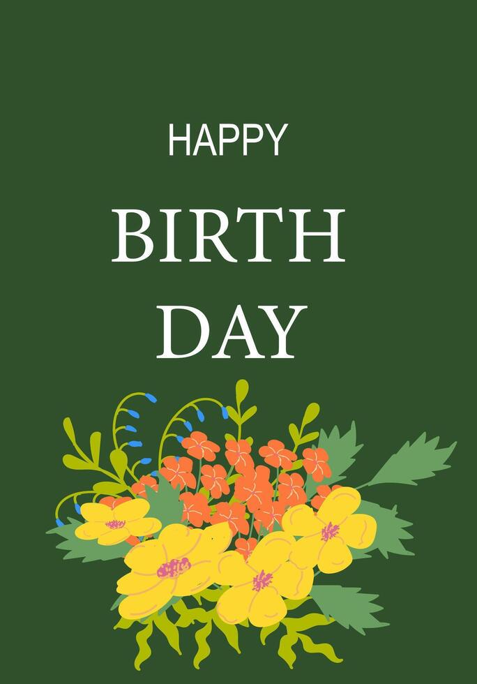 Happy birthday card with yellow and orange flowers on green background vector